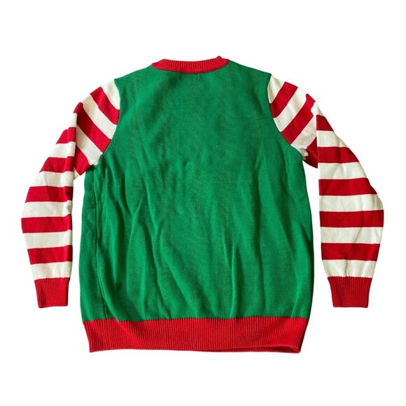 Santa Elf Christmas Sweater Green Red Striped Sleeves Fun Design XL - Picture 3 of 10